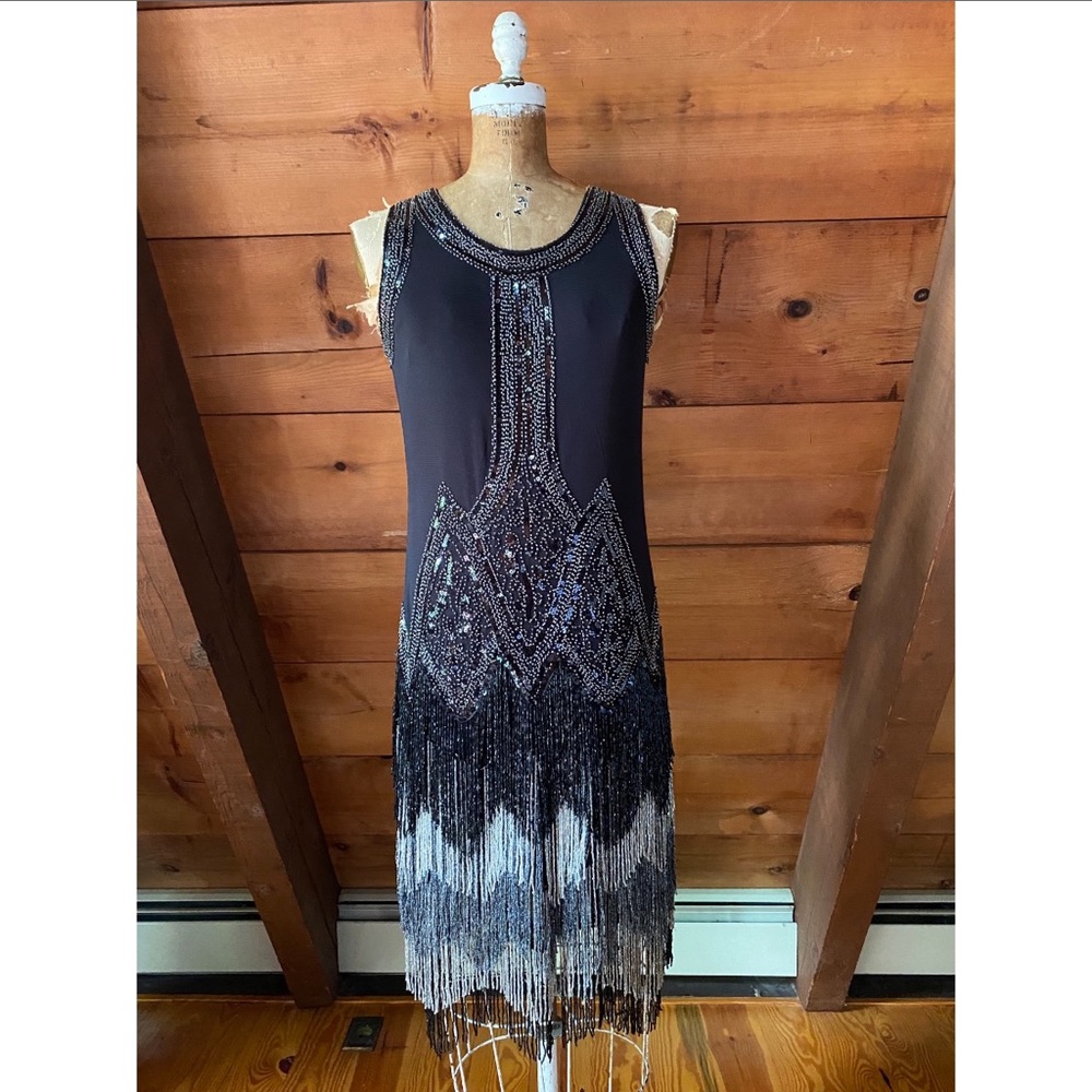1920s style heavily beaded flapper deco dress